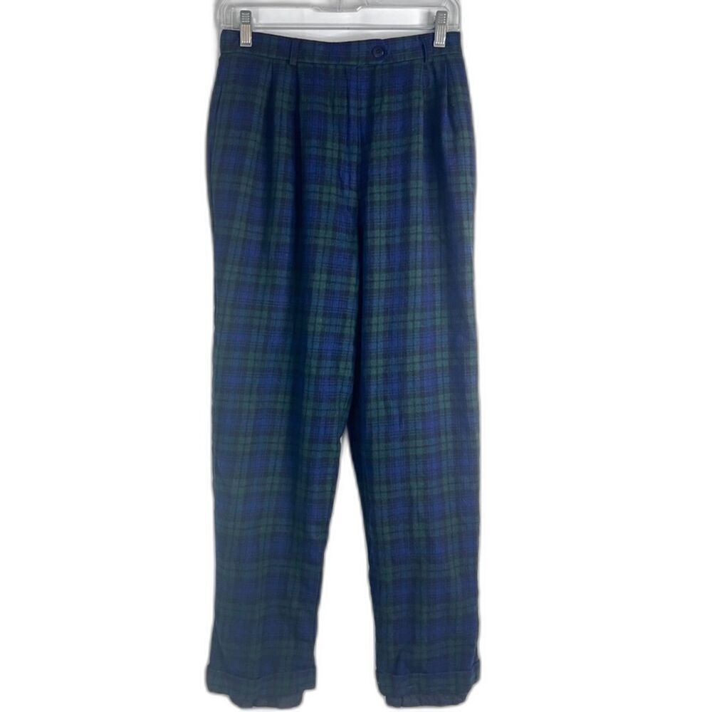 Talbots Green Tartan Plaid Wool Pleated Waist Straight Leg Pant Size 8
